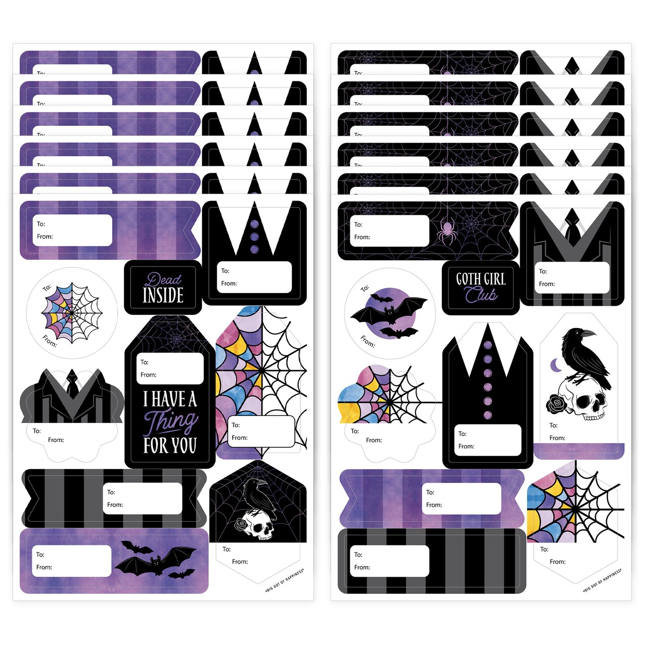 Big Dot of Happiness Goth Girl Assorted Halloween or Gothic Birthday Party Gift Tag Labels, To and From Stickers - 12 Sheets - 120 Stickers
